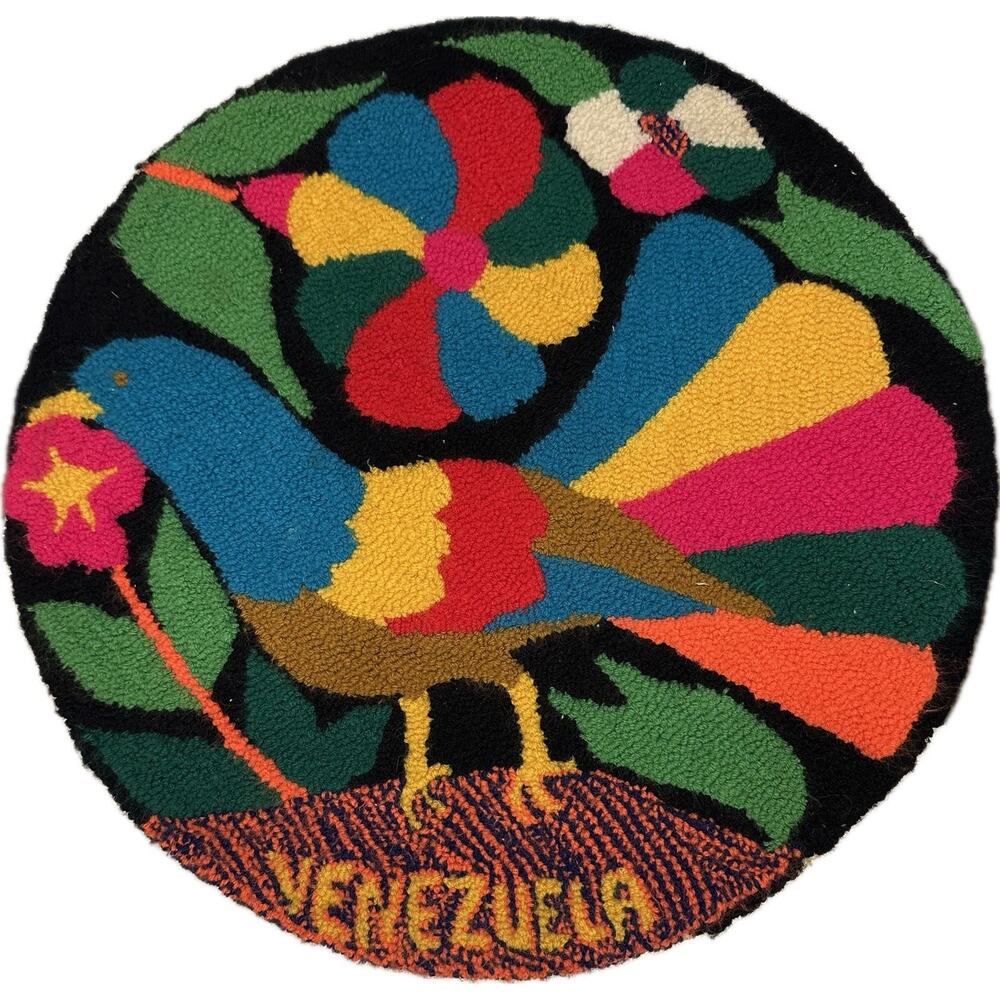 Vintage Venezuela Handmade Colorful Round Hooked Rug Wall Tapestry Boho 70’s